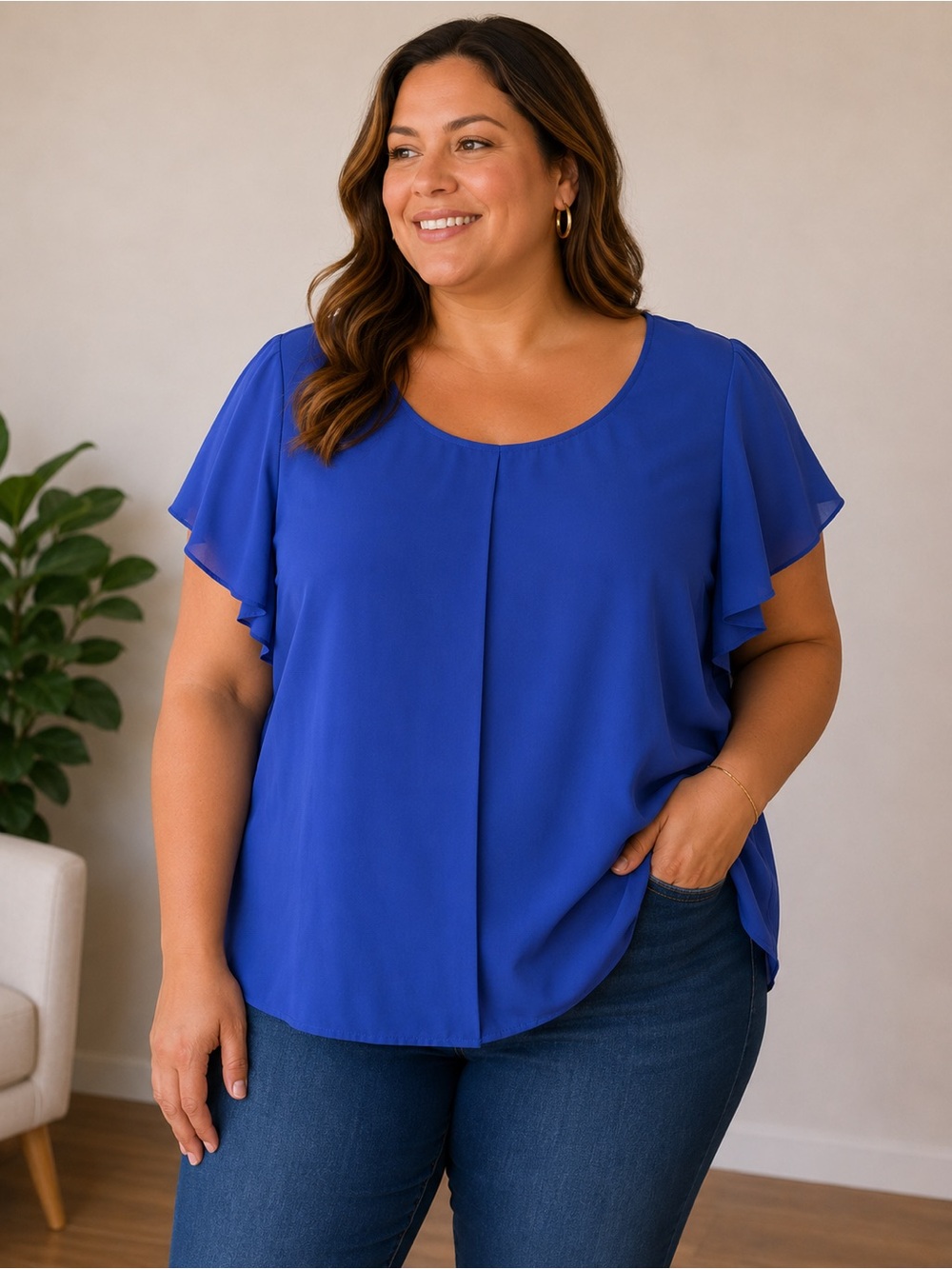 Royal Blue Flutter Sleeve Blouse – Plus Size